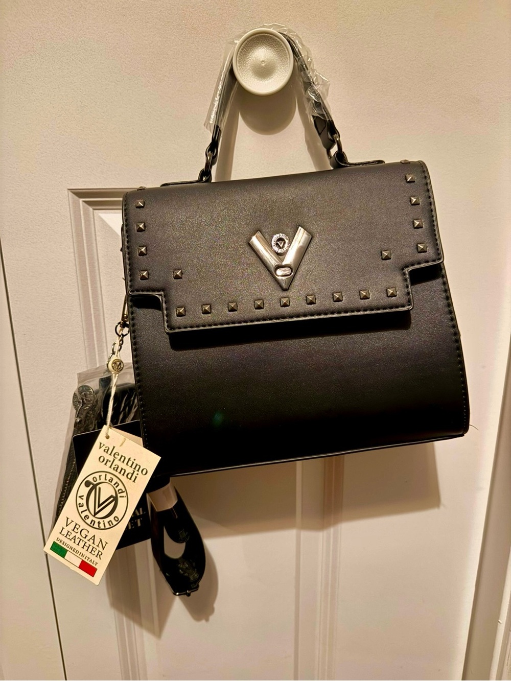 Valentino Orlandi Black Crossbody Satchel with Stud Accents and Mini Wallet